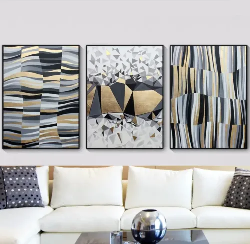 Set tablouri abstracție modernă colorat cu gri, negru și auriu — tablou canvas