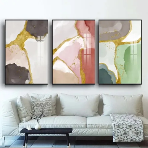 Set tablouri abstracție modernă colorat cu roz, auriu și verde — tablou canvas