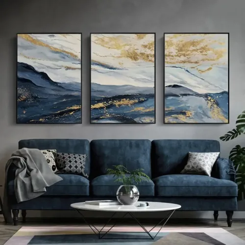 Set tablouri abstracție modernă cu albastru și auriu — tablou canvas