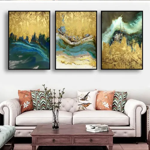 Set tablouri abstracție modernă cu albastru și auriu — tablou canvas