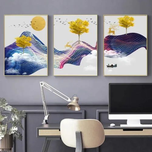 Set tablouri abstracție modernă cu albastru și peisaj auriu — tablou canvas
