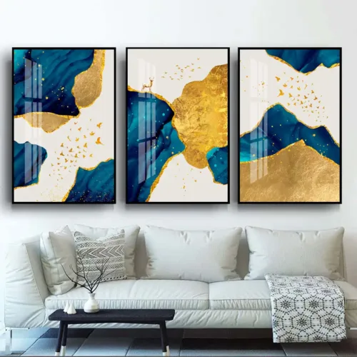 Set tablouri abstracție modernă cu albastru și păsări aurii — tablou canvas