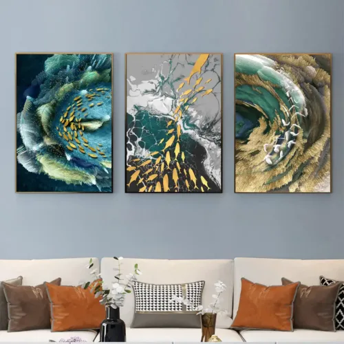 Set tablouri abstracție modernă cu albastru și pești aurii — tablou canvas