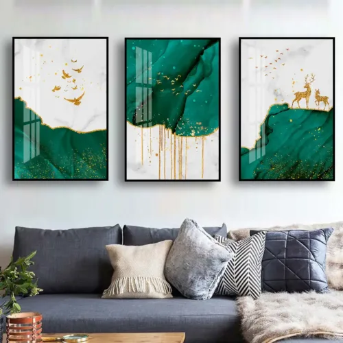 Set tablouri abstracție modernă verde cu păsări cerbi și aurii — tablou canvas