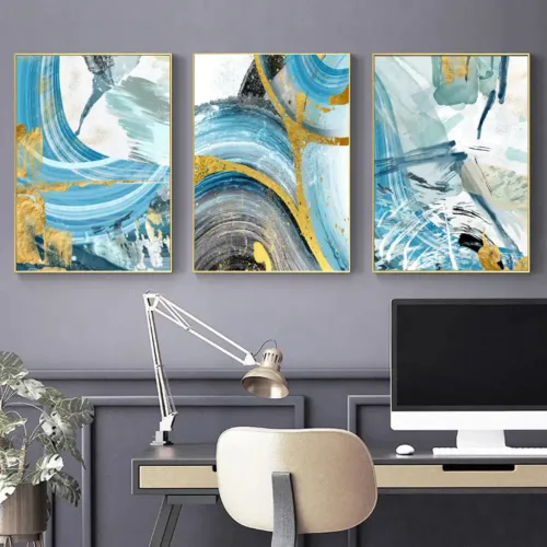 Set tablouri abstracție modernă cu albastru, auriu și gri — tablou canvas