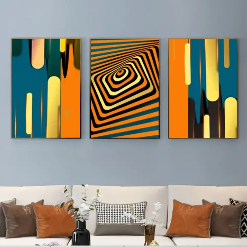 Set tablouri abstracție modernă cu portocaliu, albastru și auriu — tablou canvas