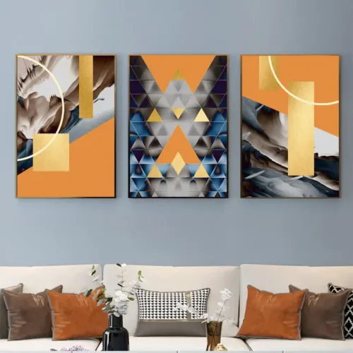 Set tablouri abstracție modernă cu portocaliu, negru și auriu — tablou canvas