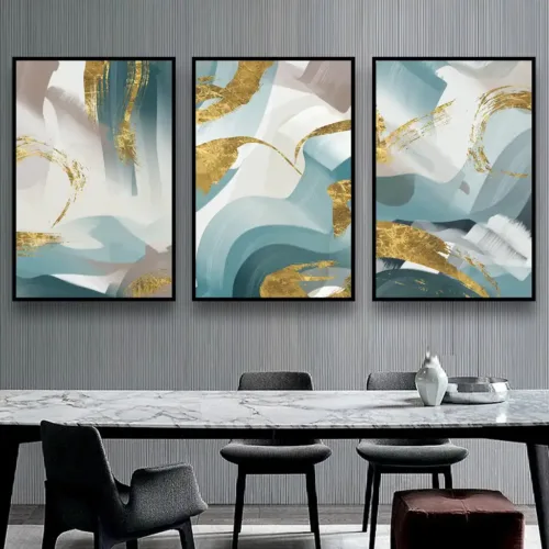 Set tablouri abstracție modernă cu alb, albastru și auriu — tablou canvas