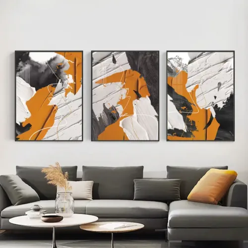 Set tablouri abstracție modernă cu portocaliu, gri și negru — tablou canvas