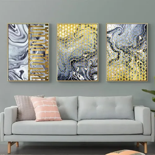 Set tablouri abstracție modernă cu albastru și auriu — tablou canvas