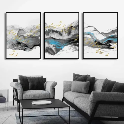 Set tablouri abstracție modernă cu gri și păsări aurii — tablou canvas
