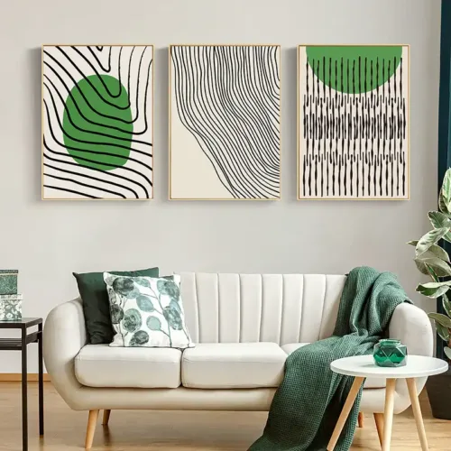 Set tablouri abstracție modernă cu pete verzi și dungi negre — tablou canvas
