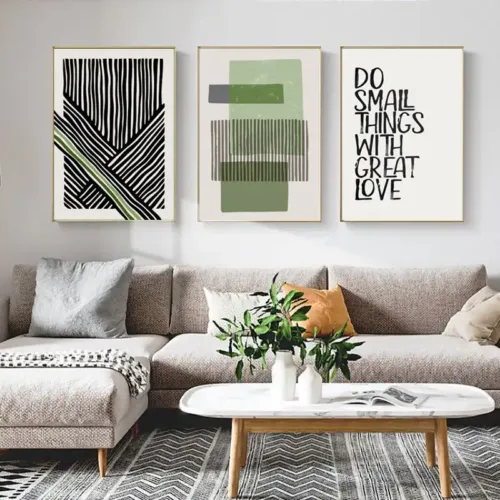 Set tablouri abstracție modernă cu dungi negre și citat motivațional — tablou canvas