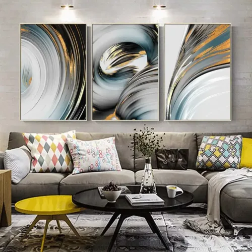 Set tablouri abstracție modernă cu gri, albastru și auriu — tablou canvas