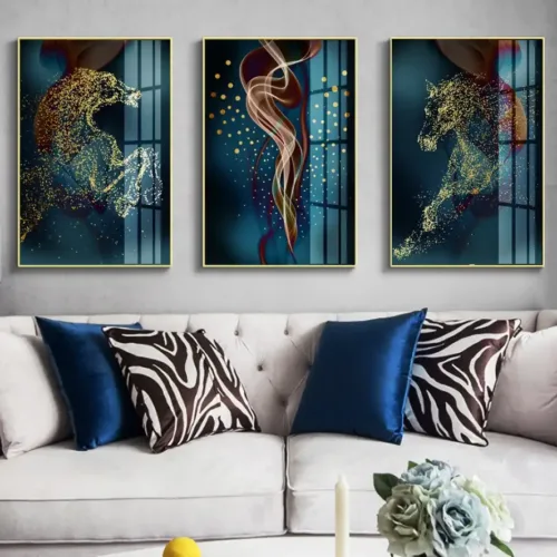 Set tablouri abstracție modernă cu albastru și cai aurii — tablou canvas