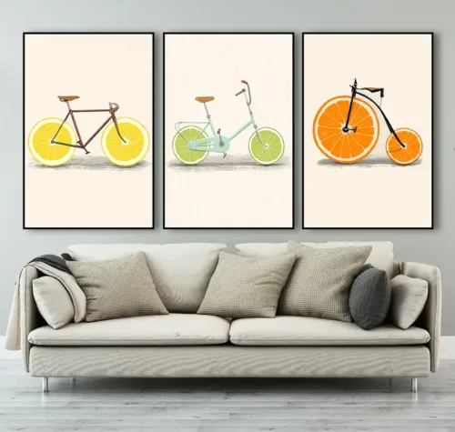 Set tablouri biciclete cu roti in forma de fructe — tablou canvas