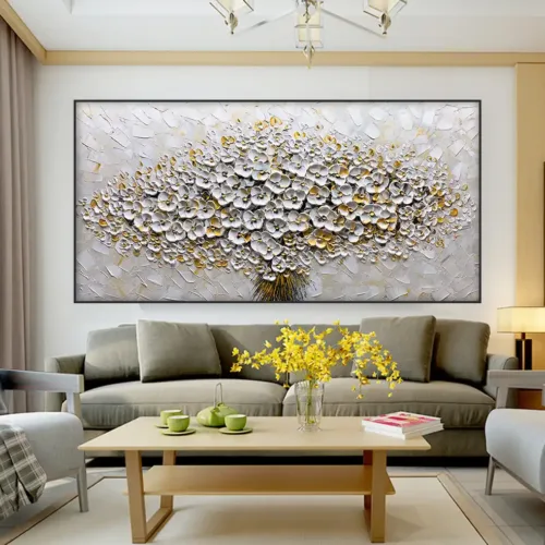 Tablou copac efect de pictură cu flori aurii — tablou canvas