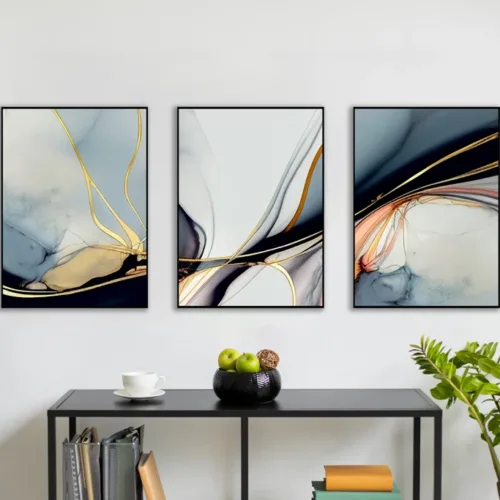 Set tablouri abstract în nuanțe de albastru și detalii aurii — tablou canvas