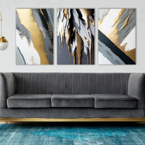 Set de tablouri abstracție în culori închise cu detalii aurii — tablou canvas