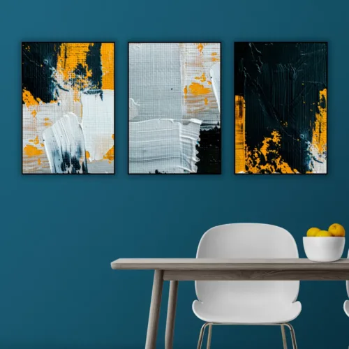 Set de tablouri abstract în alb-albastru cu detalii în galben — tablou canvas