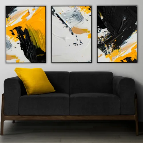 Set de tablouri abstract în alb-negru și detalii în galben — tablou canvas