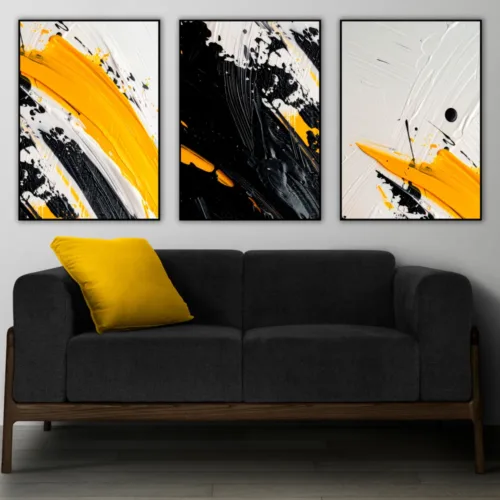 Set de tablouri abstract în alb-negru și detalii în galben — tablou canvas