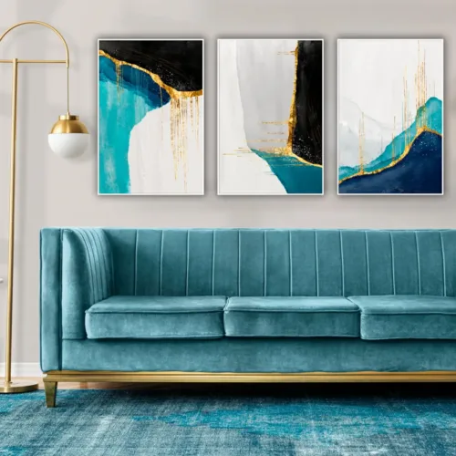 Set de tablouri abstract în culori reci și detalii aurii — tablou canvas