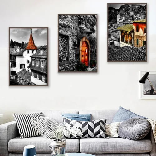 Set tablouri alb-negru cu detalii colorate — tablou canvas