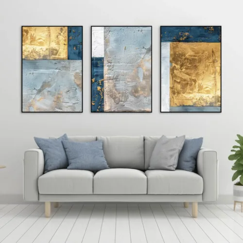 Set de tablouri în stil abstract în nuanțe de albastr și detalii aurii — tablou canvas