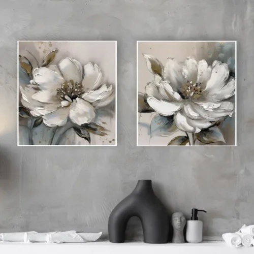 Set de tablouri cu flori albe și detalii gri — tablou canvas