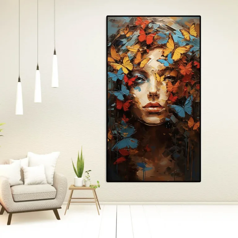 Tablou cu femeie cu fluturi în stil abstract în culori vibrante — tablou canvas