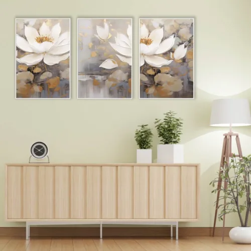 Set de tablouri cu flori albe și fundal gri — tablou canvas