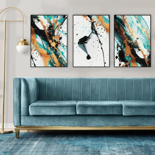 Set de tablouri abstracte în negru, turcuaz și auriu inspirate de vopsea stropită — tablou canvas