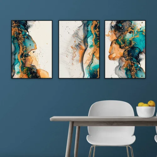 Set de tablouri abstracte în negru, turcuaz și auriu inspirate de vopsea stropită — tablou canvas