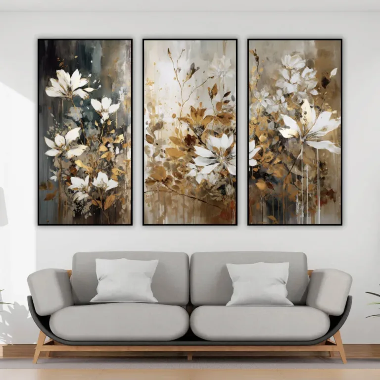 Set de tablouri cu flori albe și detalii aurii — tablou canvas